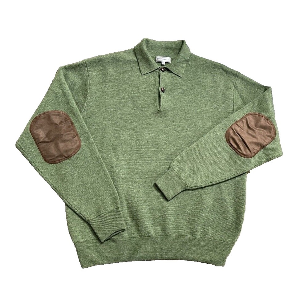 Peter Millar Mens XL‎ Olive Green Polo Sweater Long Sleeve Elbow Patch